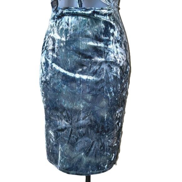 Blue Velvet Short Sleeve Mini Bodycon Dress Front Tie Cutout Stretchy Size Small - Picture 4 of 5
